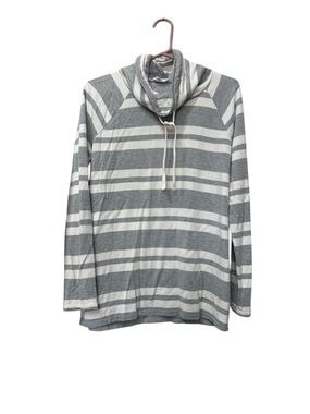 Loft Lounge Striped Cowl Funnel Neck Long Sleeve Top - Gray & White Size M